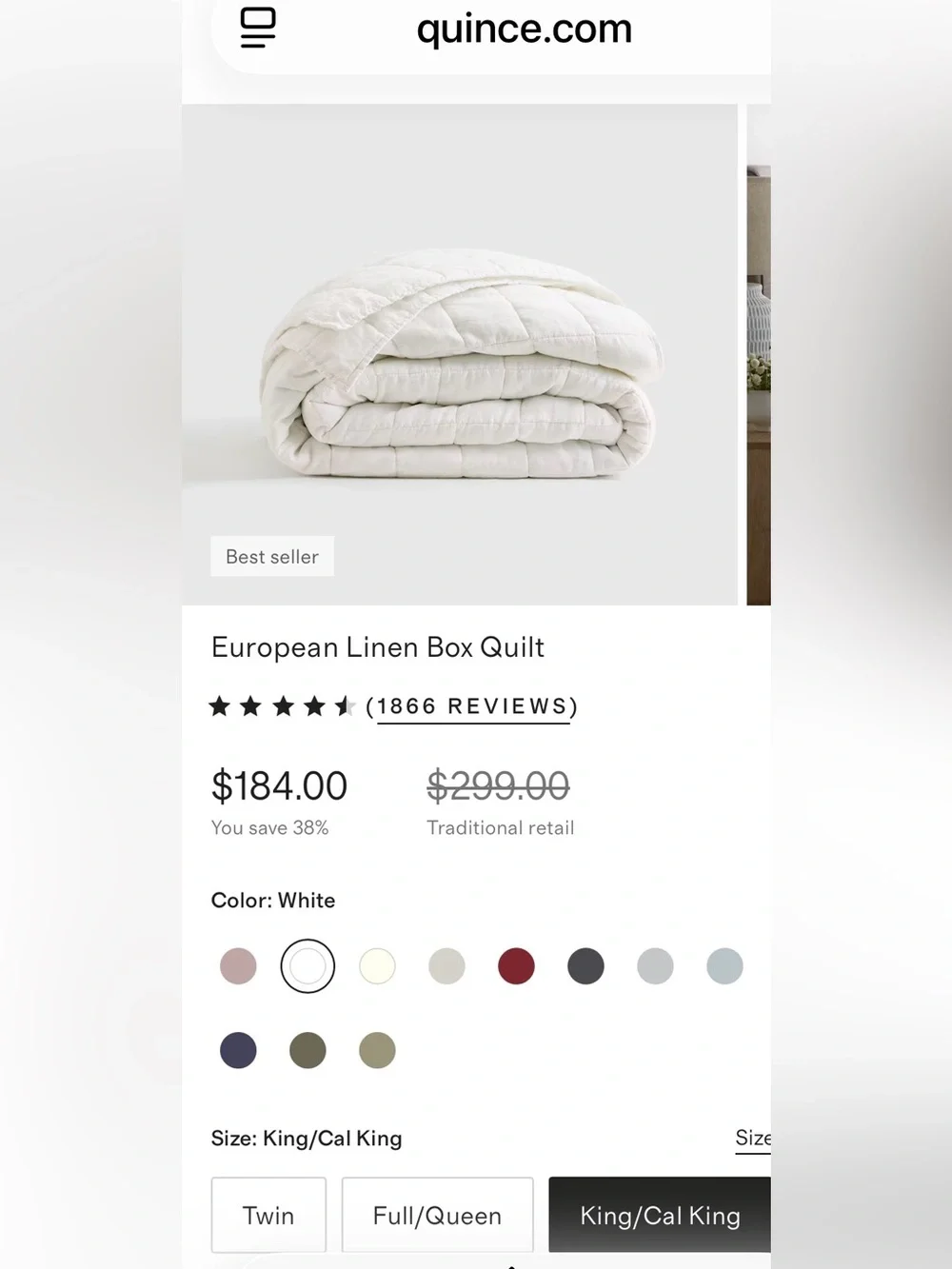 NWT Quince European Linen Box Quilt, King/Cal King (White)